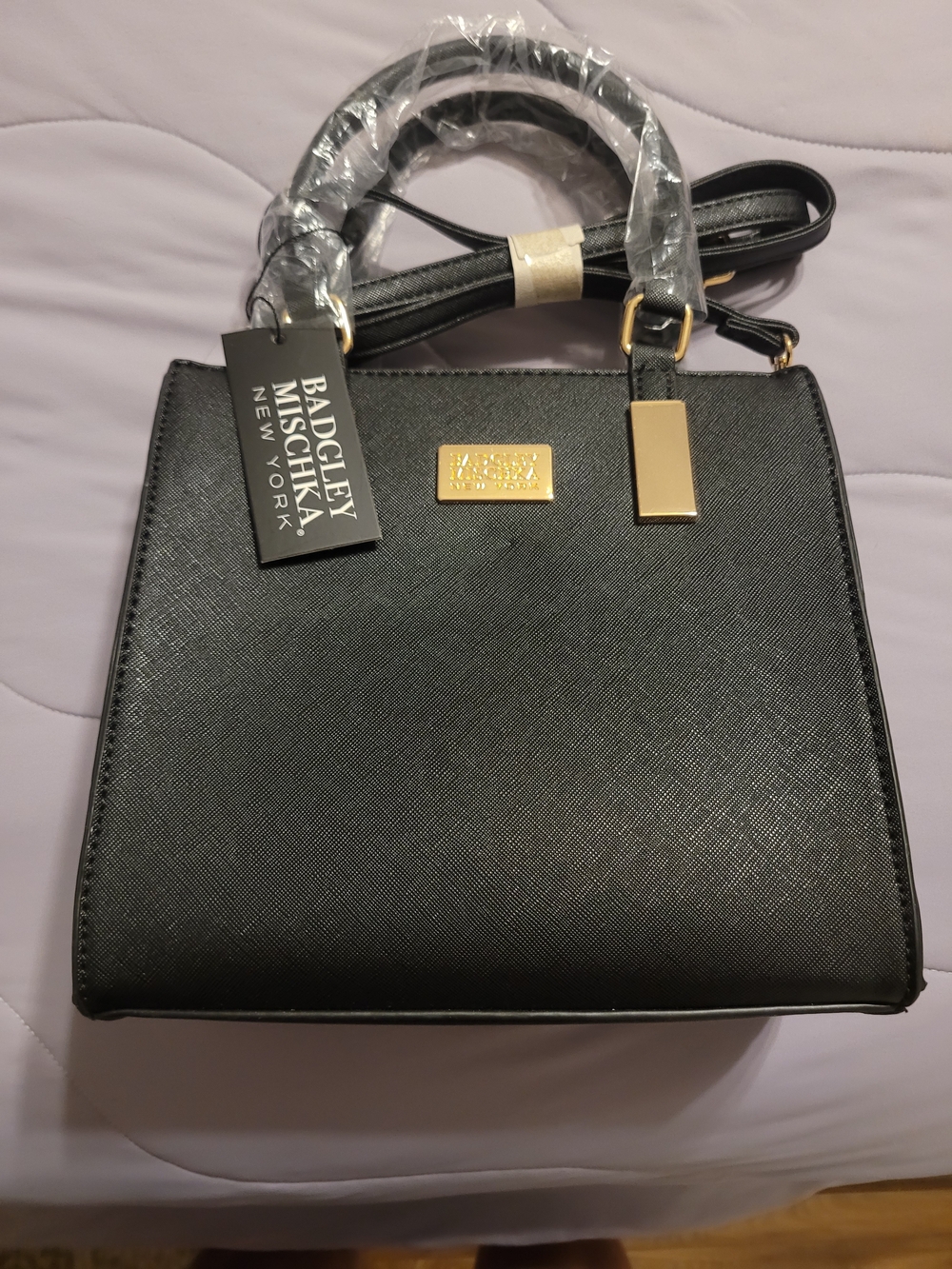 Badgley Mischka Black Structured Saffiano Satchel with Gold Hardware